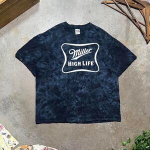 Vintage Y2K Miller High Life Tie Dye Beer Tee Mens XL Black Blue Alcohol Shirt